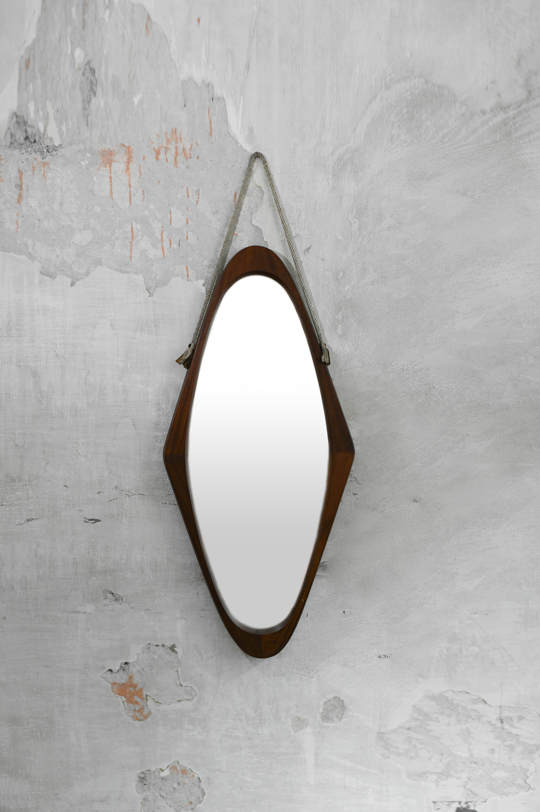 Oval mirror with wooden frame and cord trim – 1950s