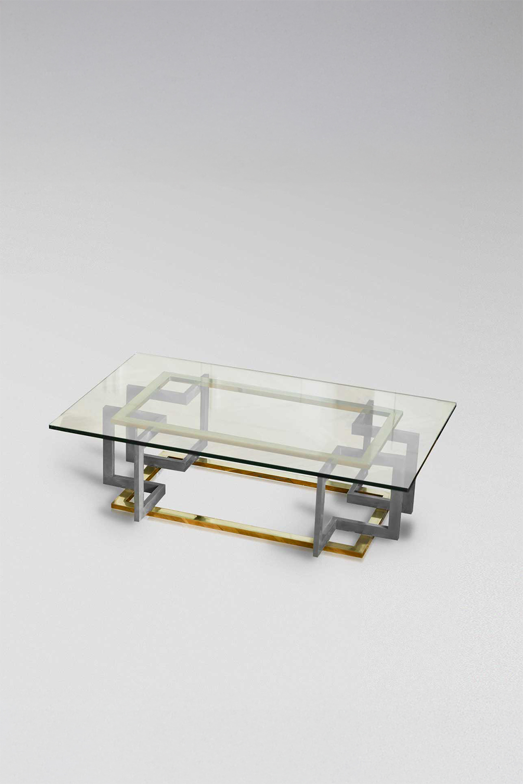 70s coffee table in metal and brass with glass top