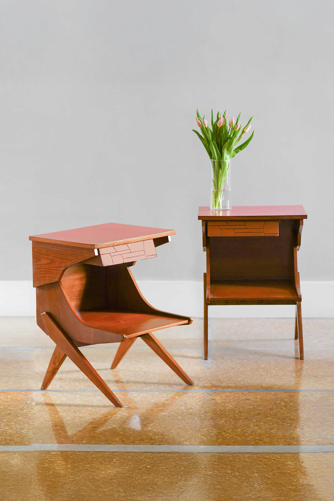 Pair of wooden nightstands with colored Formica top – 1950s