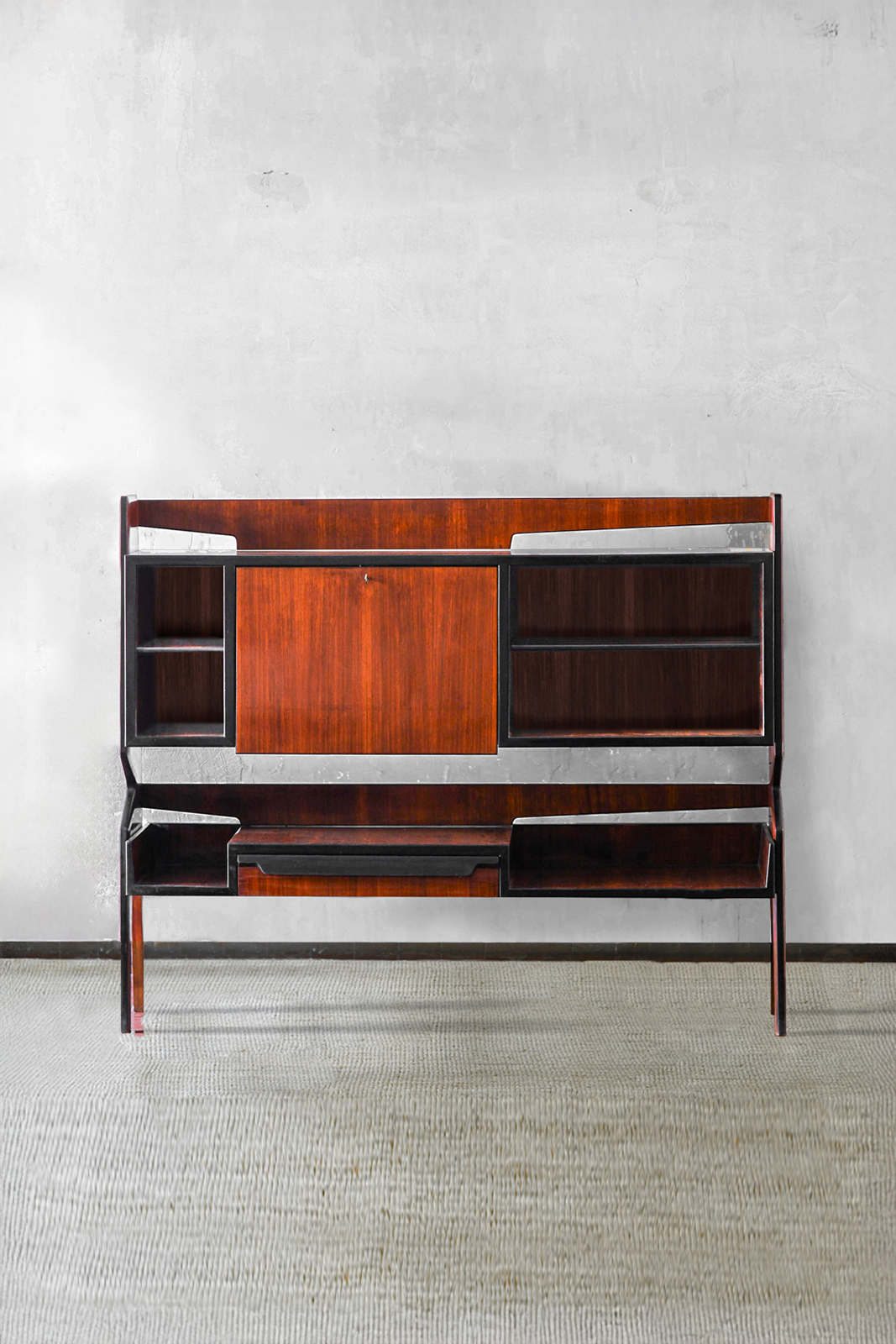 Wooden sideboard with drop-front panel and internal mirror - 1960s