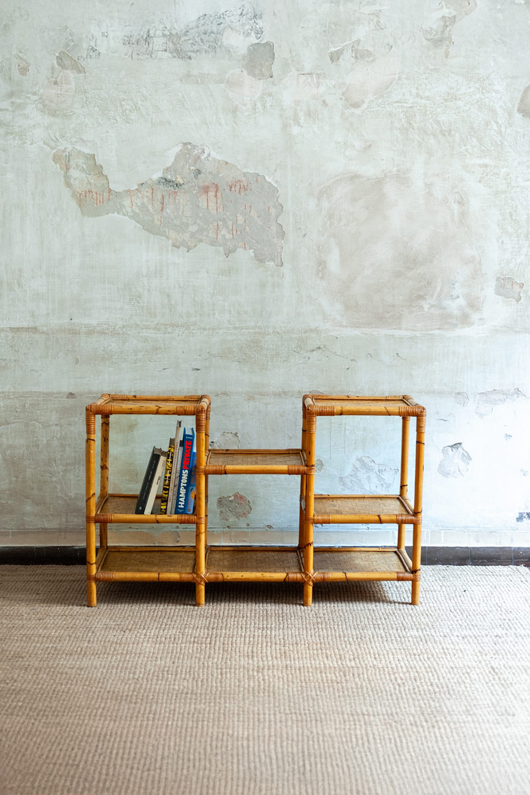 Low-profile bamboo bookcase with asymmetrical composition - 1970s