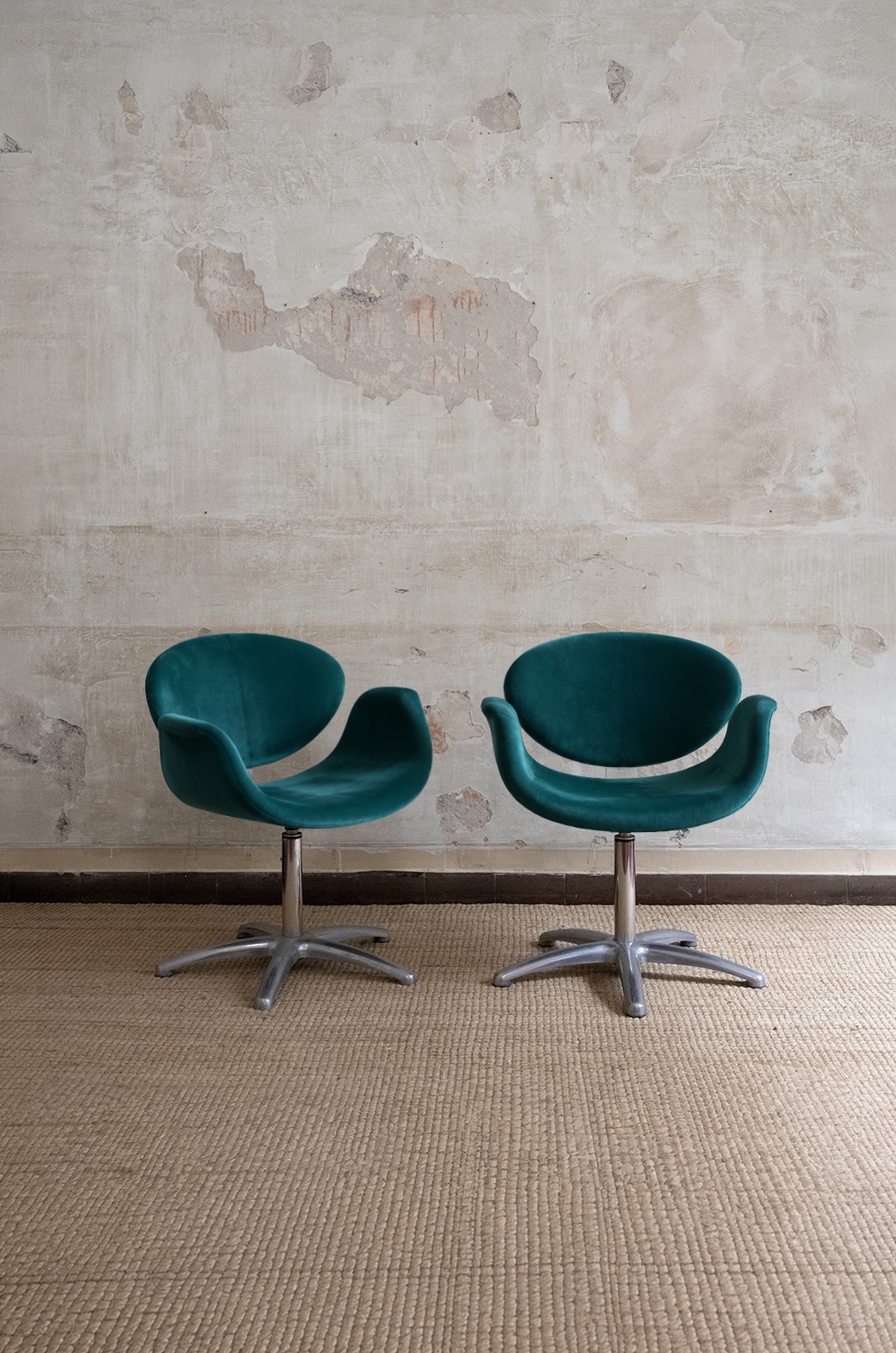 Pair of 1970s swivel armchairs in Dedar Vladimiro Pavone velvet with metal bases