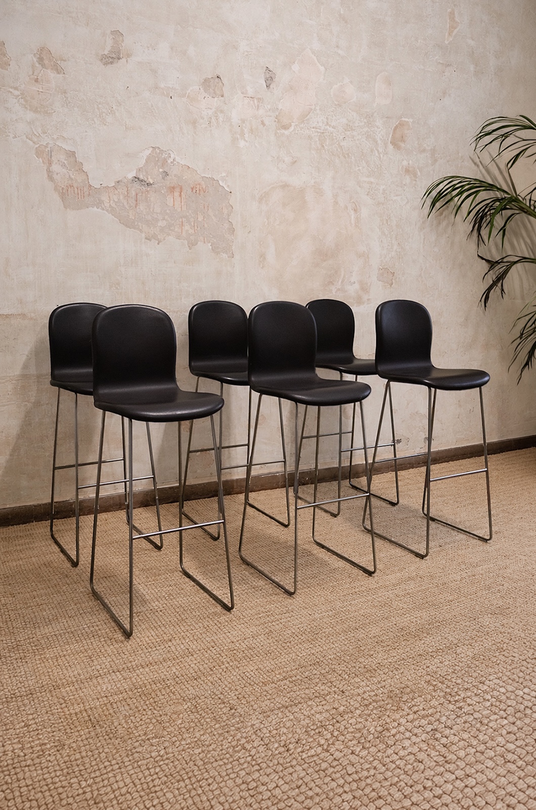 Set of six TATE bar stools by Jasper Morrison for Cappellini in metal and leather