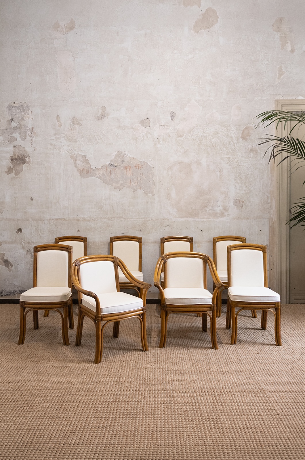 Set of six chairs and two Vivai del Sud bamboo armchairs
