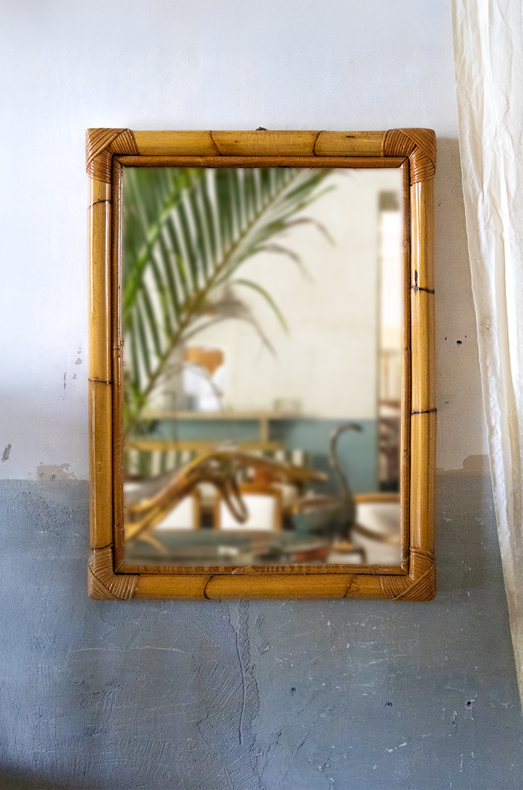 1970s rectangular wall mirror with natural bamboo frame
