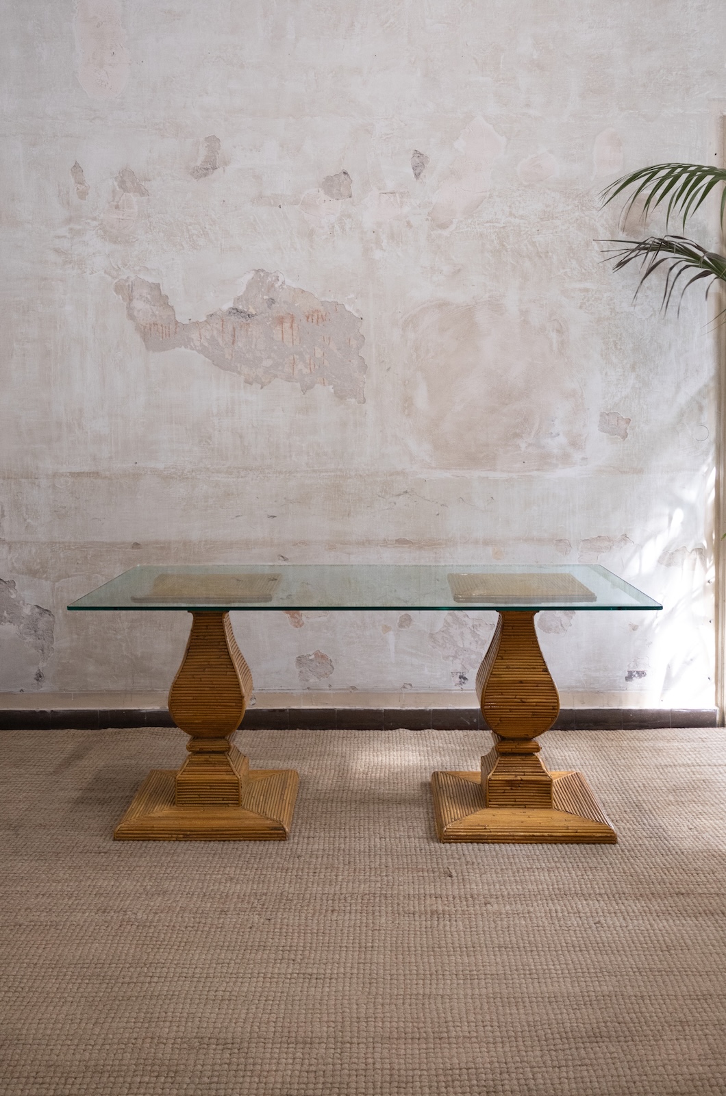 1970s Vivai del Sud rattan and glass dining table